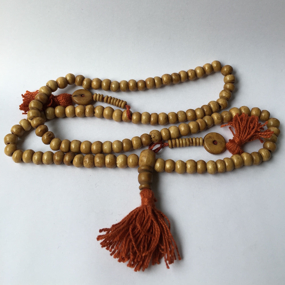 Necklace, mala bead 108 bead, buffalo bone, with tassles, 71cm - 10 pieces